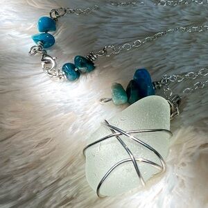 Seaglass + Blue Apatite Crystal Clasp Handmade Necklace